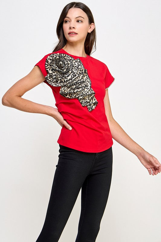 Red Flower in Animal Print Shirt