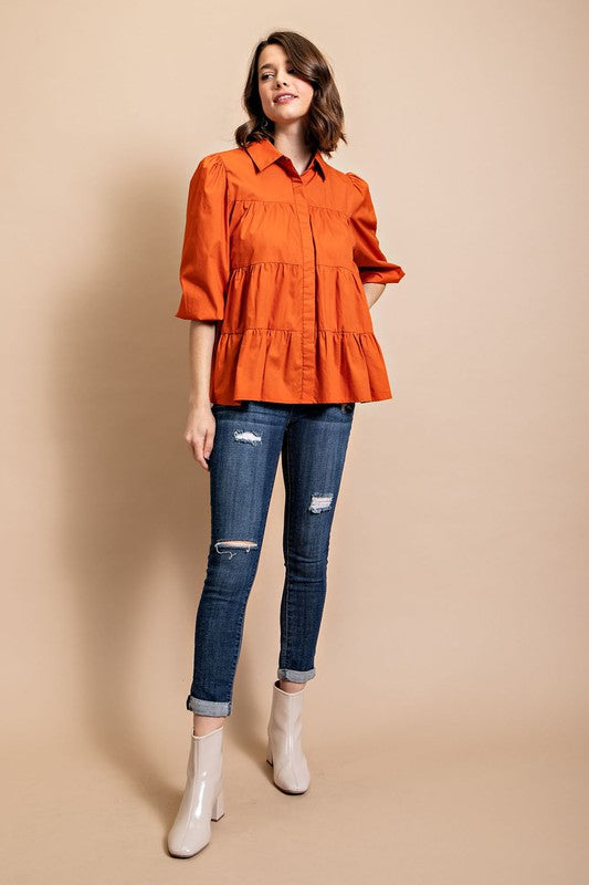 Orange Poplin Button Down Blouse