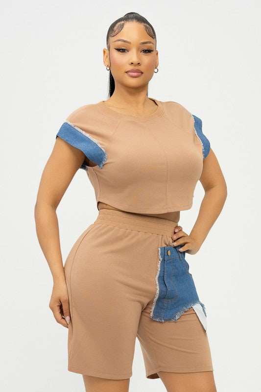 Tan Color Block Top & Short Set