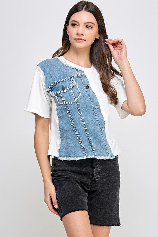 White & Denim Color Block T-Shirt
