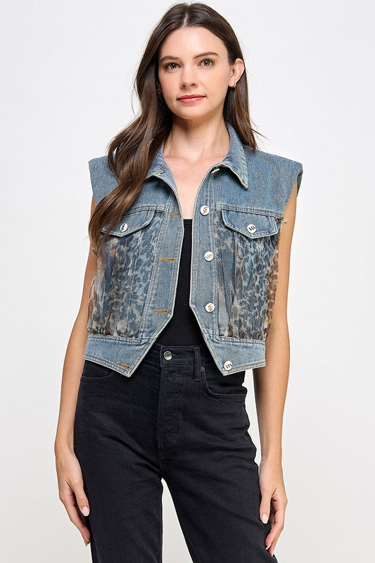 Mesh Animal Print Denim Vest