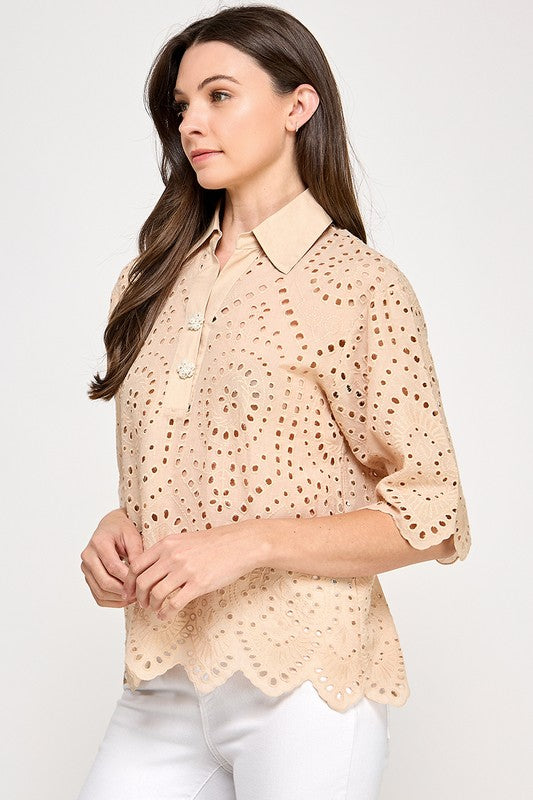 Khaki Keyhole Detail Collar Polo Top