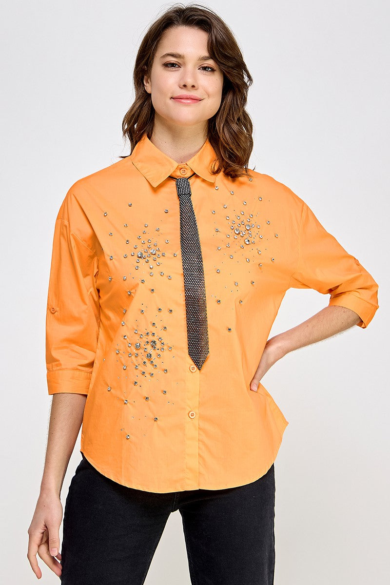 Orange Tie in Rhinestone Shirt