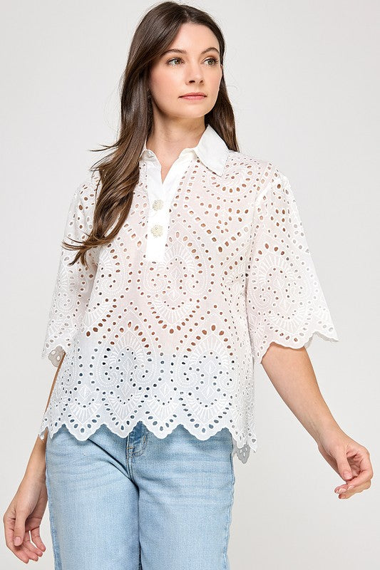 White Keyhole Detail Collar Polo Top