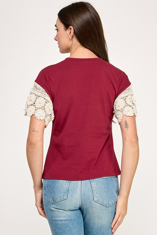 Burgundy Lace Crochet T-Shirt