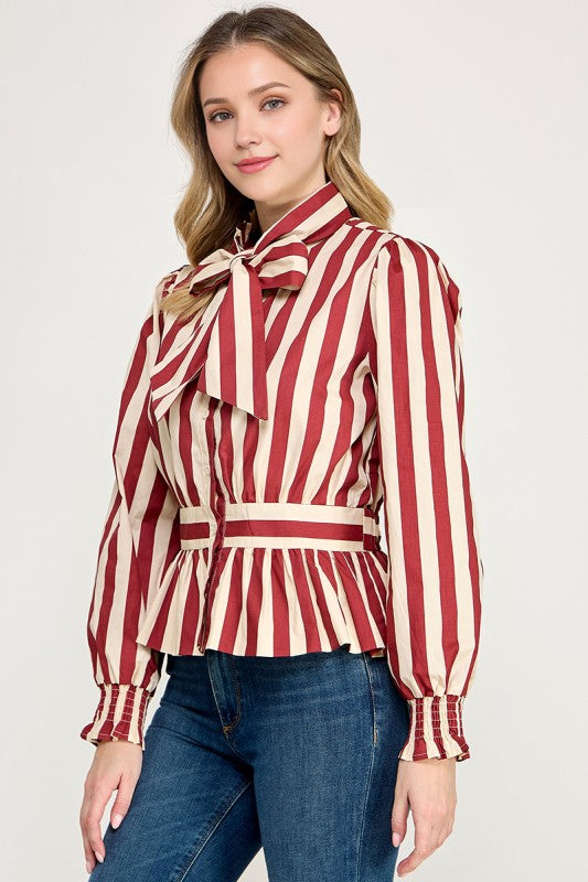 Pre-order Nov 2 Burgundy Stripe Bow Blouse