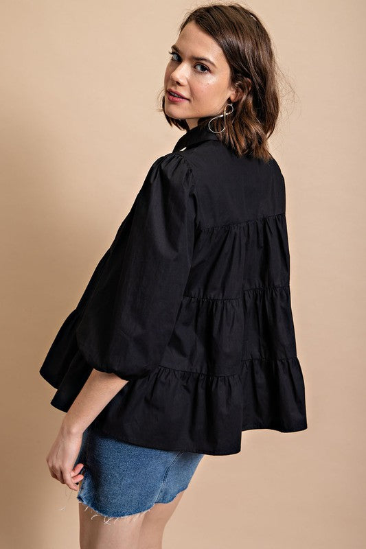 Black Poplin Button Down Blouse