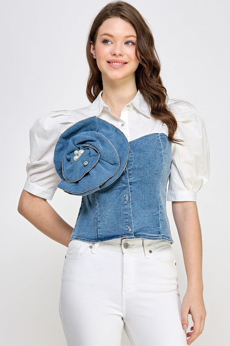 Puffed Sleeve Light Denim Shirt