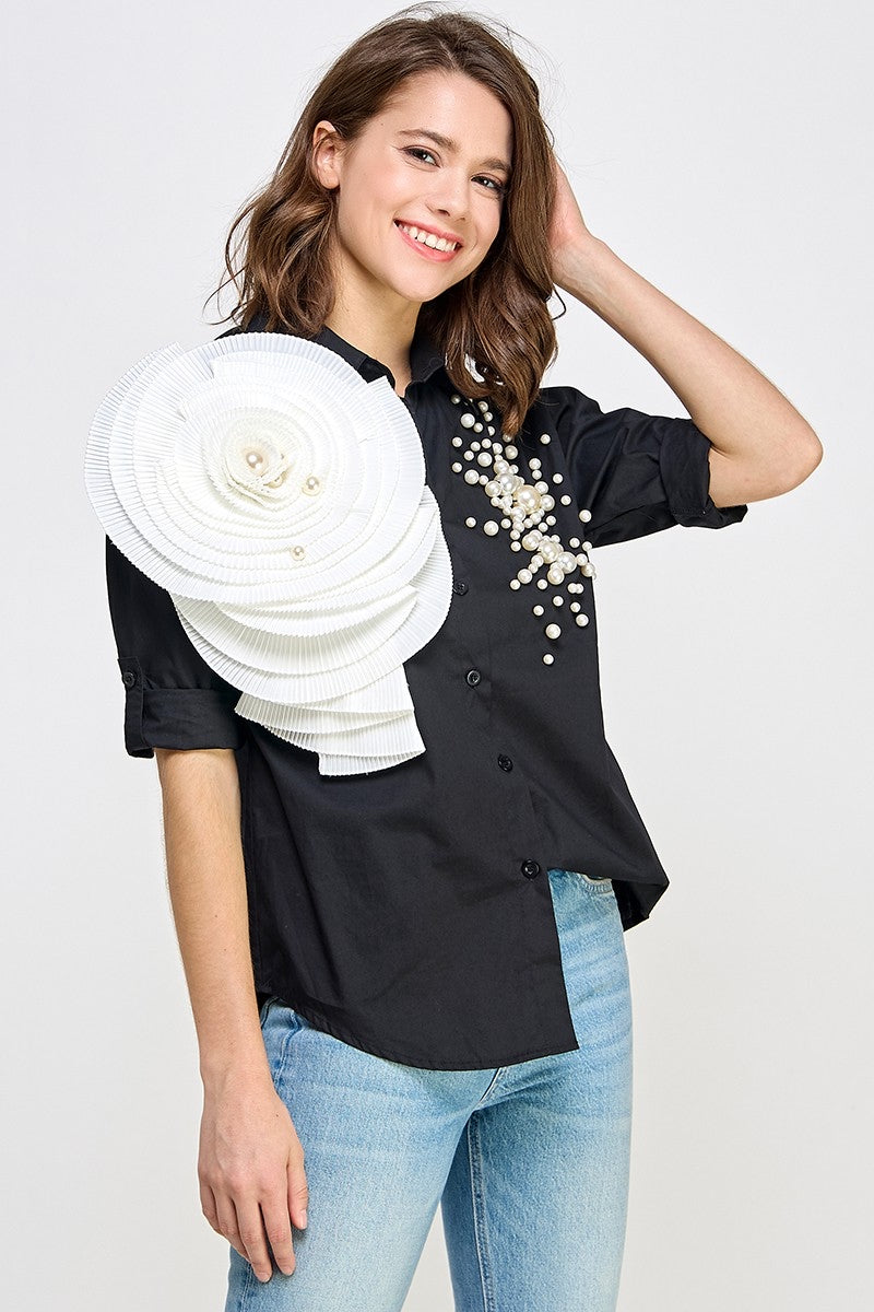 Re-Stock RHINESTONE N FLORAL DETAIL SHIRT