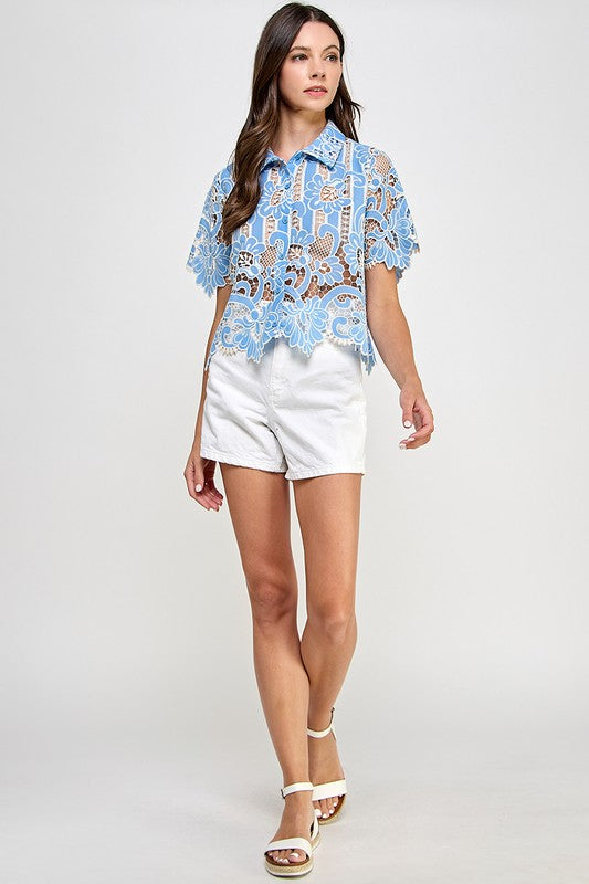 Blue See Through Crochet Shirt