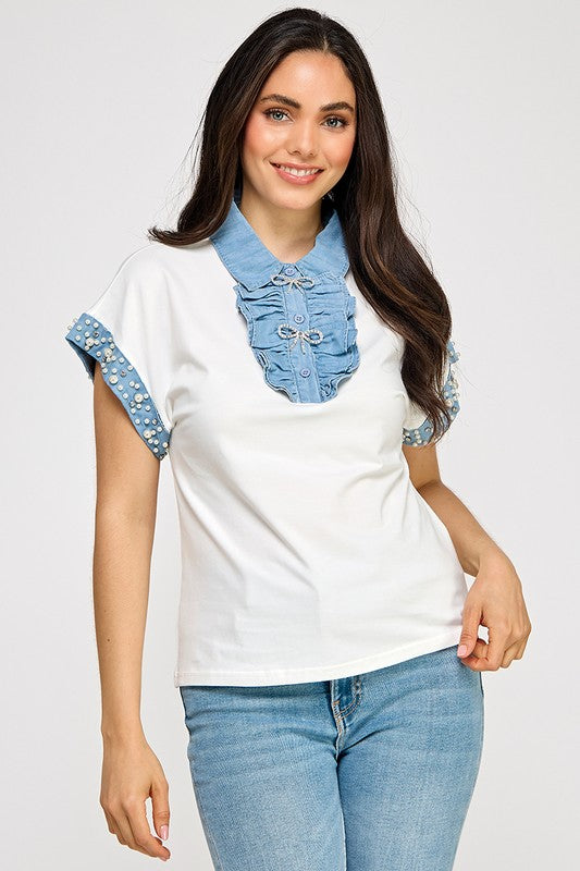 White Rhinestone Detail & Denim Top