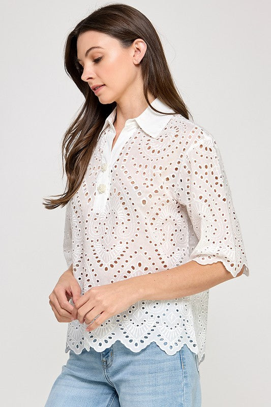 White Keyhole Detail Collar Polo Top
