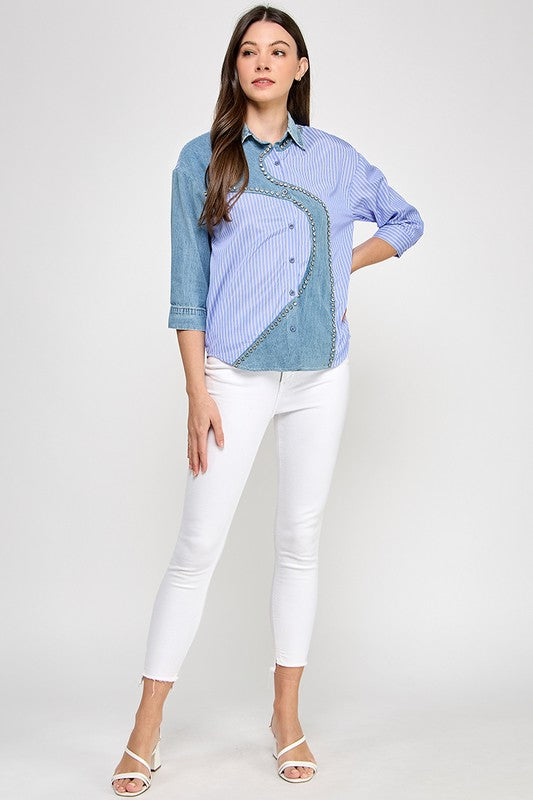 Blue Stripe Button Down Denim Shirt