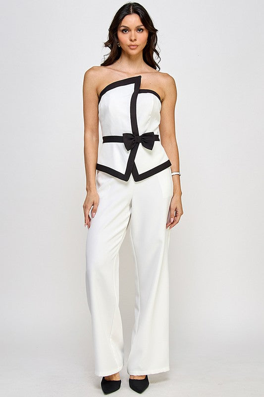 White Asymmetric Bow Tube with Pant Set