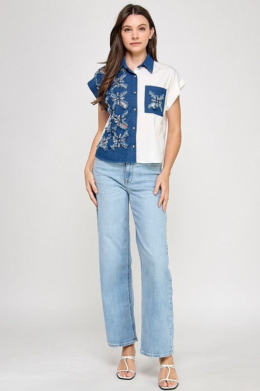 Rhinestone Details Denim Color Block Top