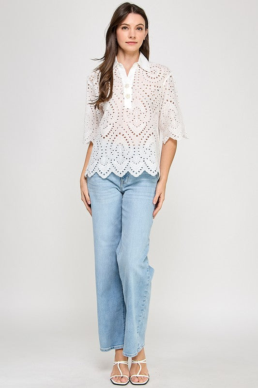 White Keyhole Detail Collar Polo Top