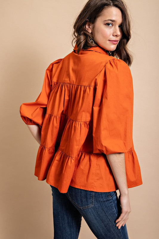 Orange Poplin Button Down Blouse