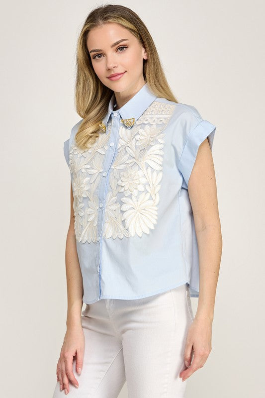 Blue Floral Embroidery Shirt