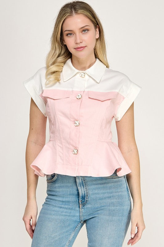 Pink Color Block Peplum Polo Top