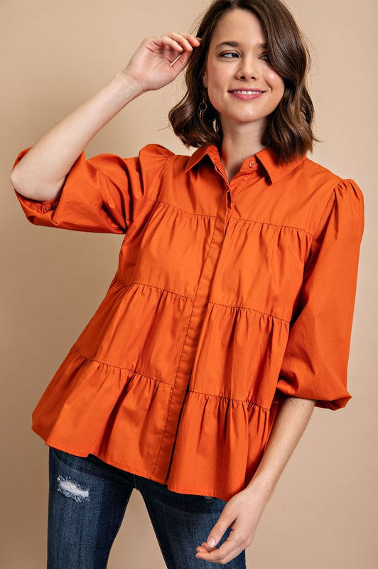 Orange Poplin Button Down Blouse
