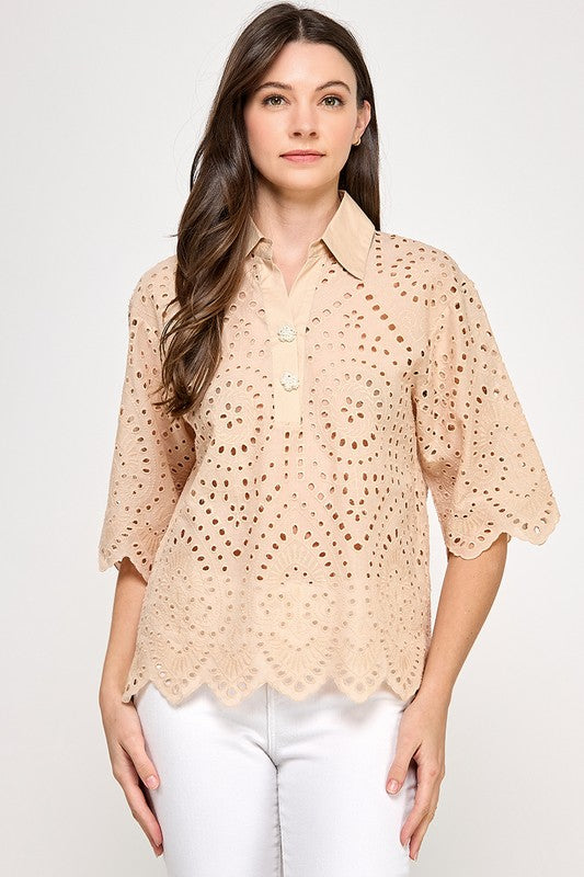 Khaki Keyhole Detail Collar Polo Top