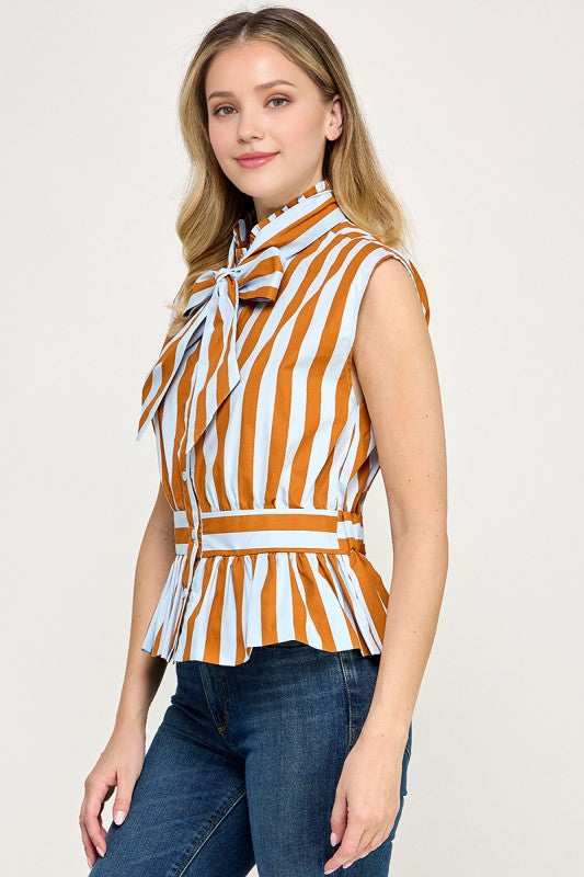 Pre-order Sept 28 Taupe/Blue Stripe Bow Peplum