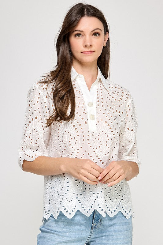 White Keyhole Detail Collar Polo Top