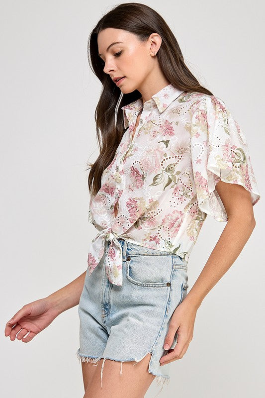 white Keyhole Florals Details Shirt