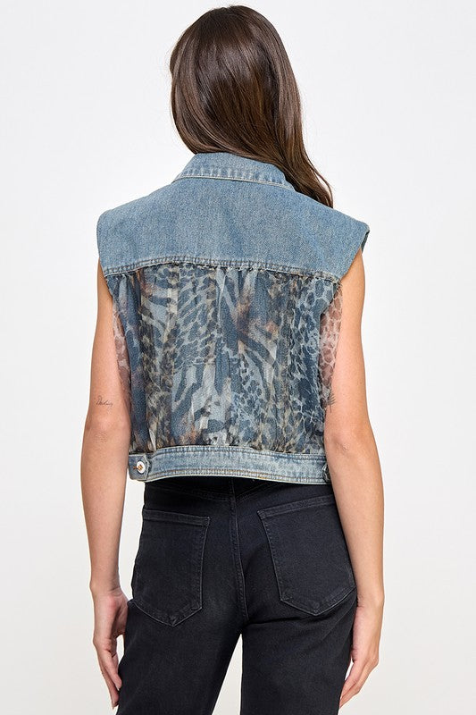 Mesh Animal Print Denim Vest