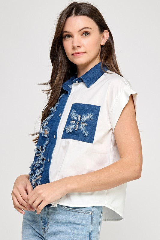 Rhinestone Details Denim Color Block Top