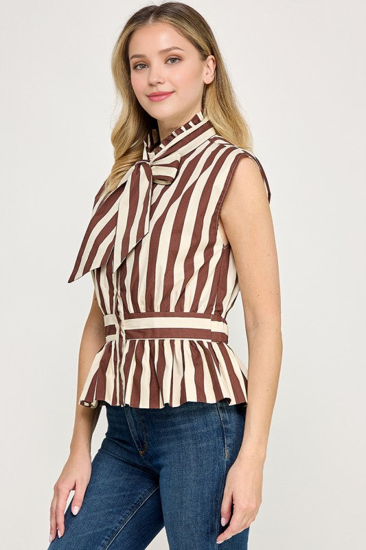 Pre-order Sept 28 Brown/Cream Stripe Bow Peplum