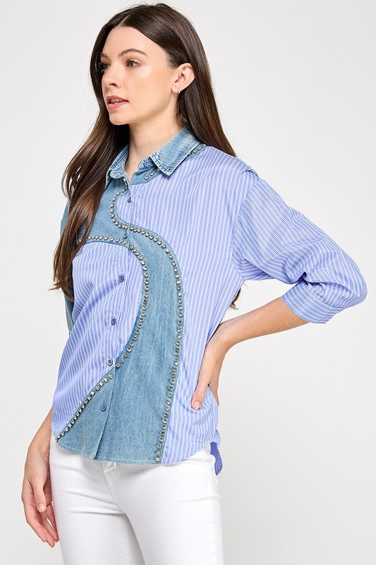 Blue Stripe Button Down Denim Shirt