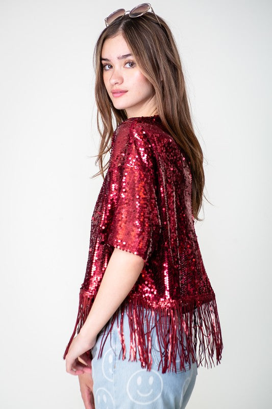 Burgundy Sequin Fringe Top