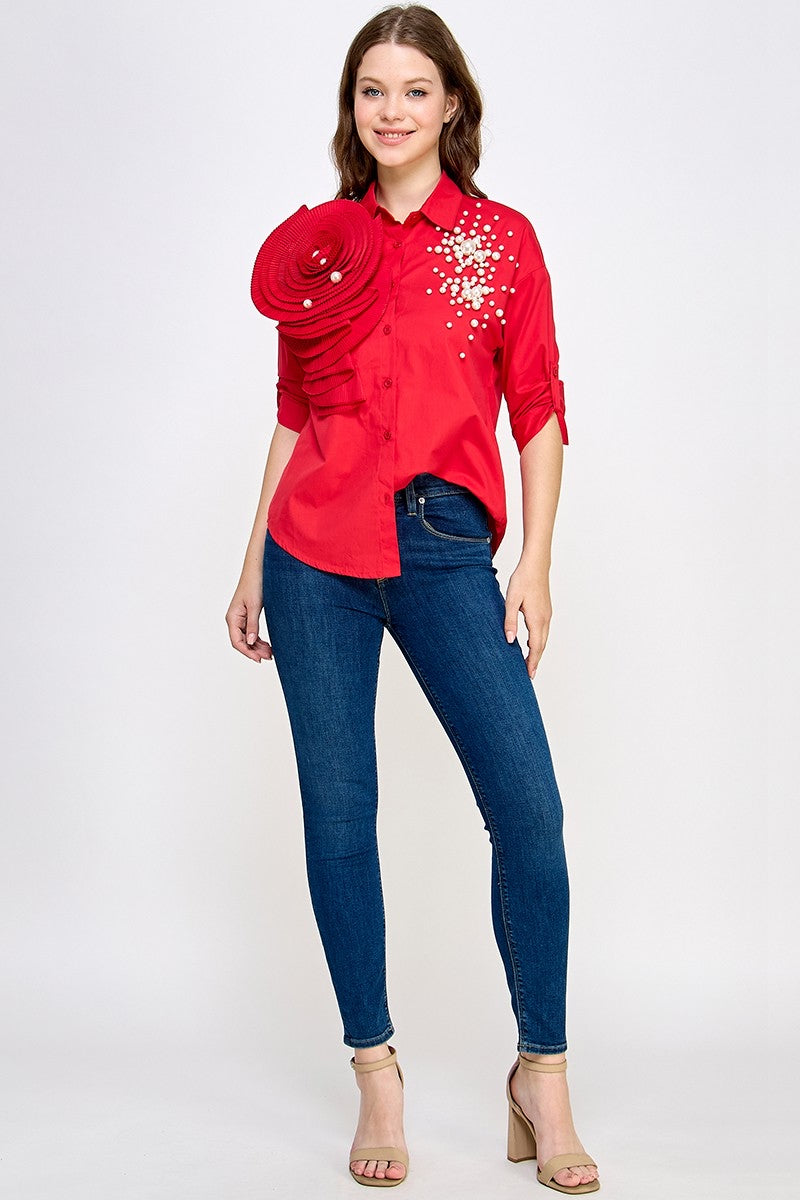 Re-Stock RHINESTONE N FLORAL DETAIL SHIRT