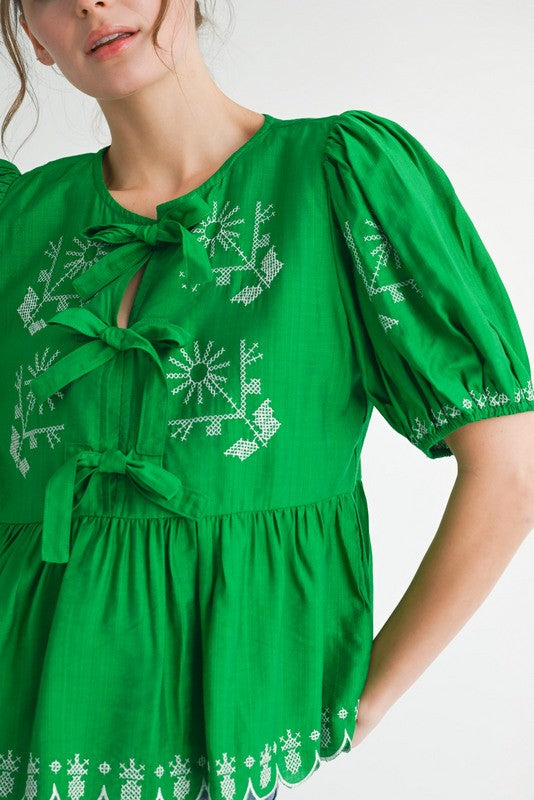 Kelly Green Peplum Embroidery Top