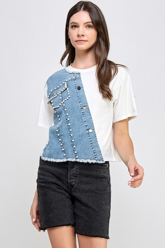 White & Denim Color Block T-Shirt