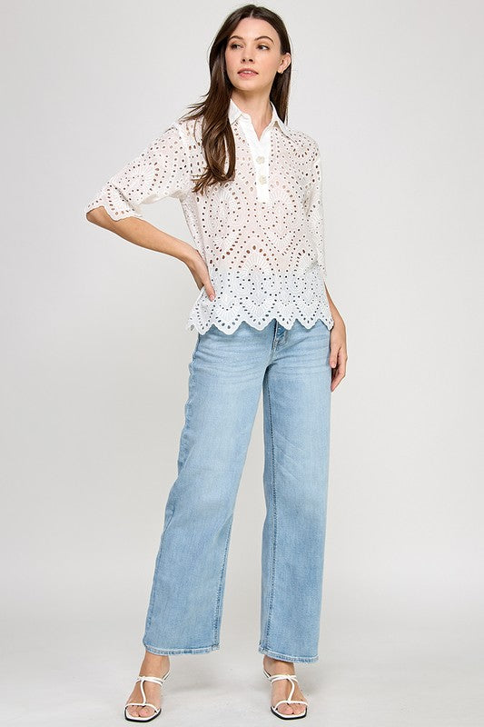 White Keyhole Detail Collar Polo Top