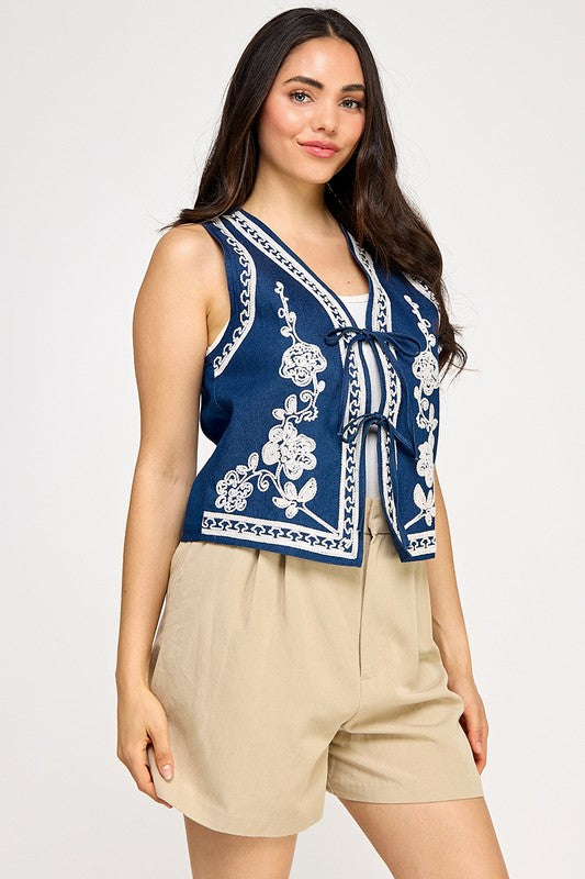 Dark Denim Embroidery Detail Denim Vest