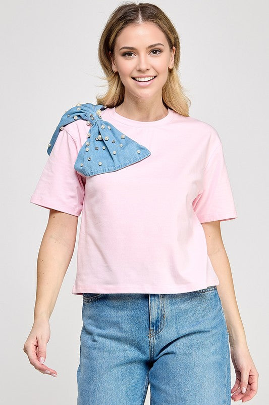 Pink Denim Ribbon Shirt