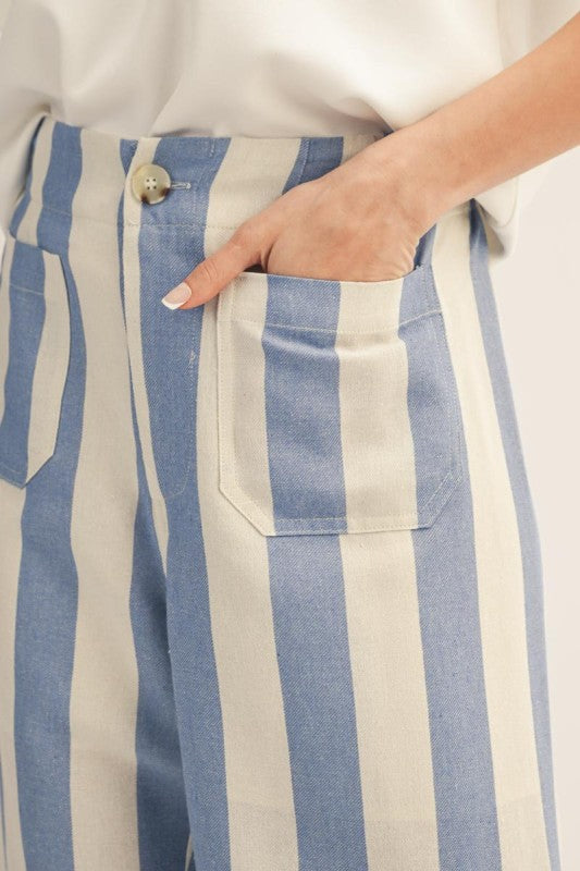 Blue High Waist Wide Leg Stripe Pants
