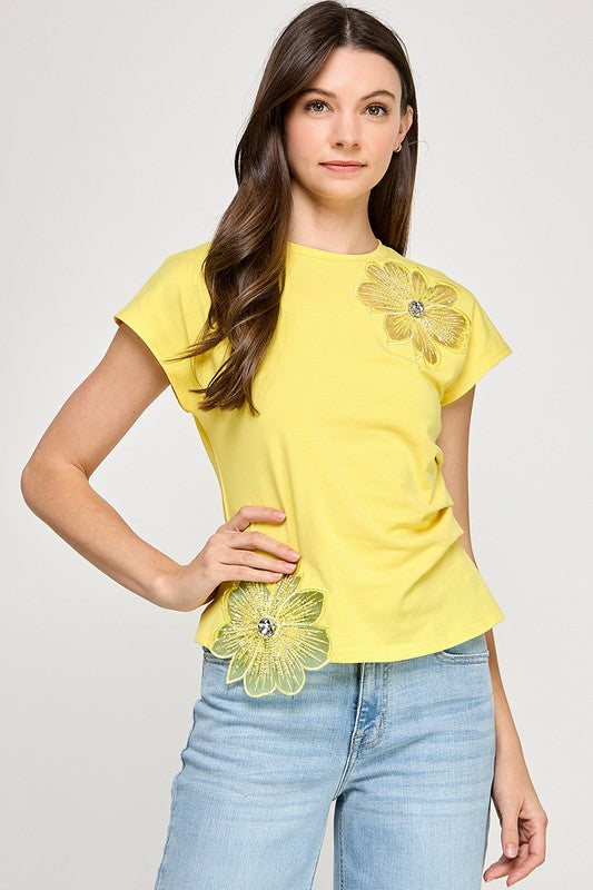 Yellow Rhinestone Flower T- Shirt