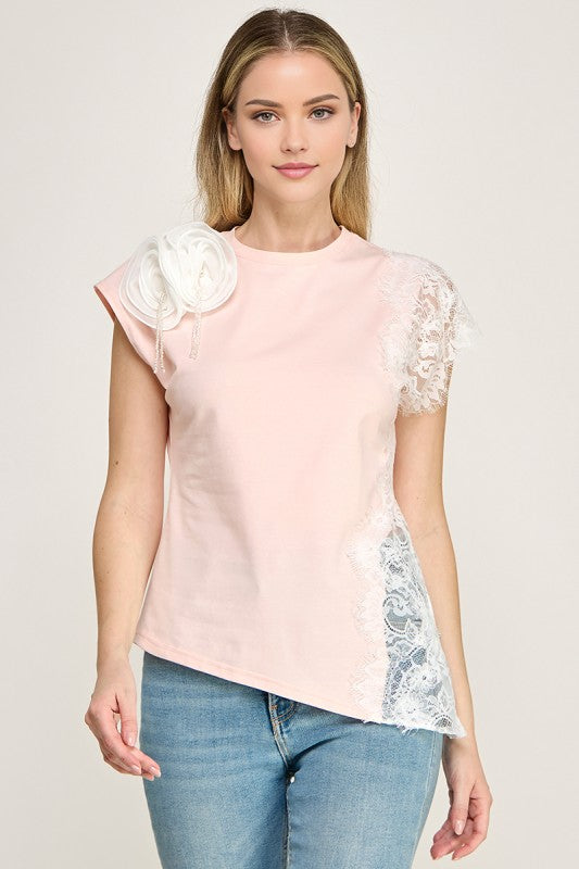 Pink Lace 3D Flower T-Shirt