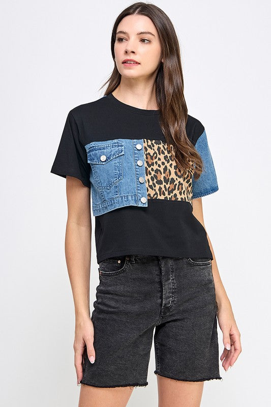 Black Denim & Leopard T-Shirt