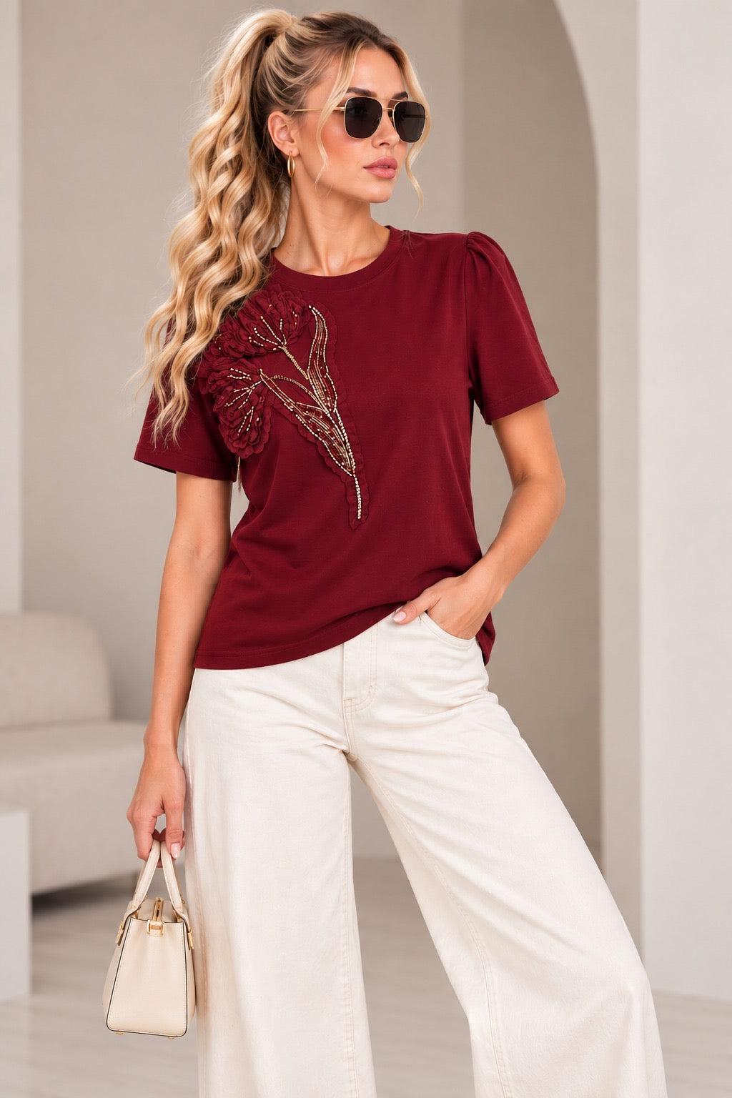 Wine Embroidery Shirt