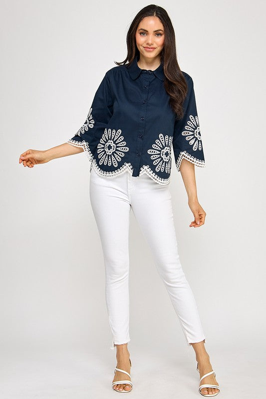 Navy Embroidery Top