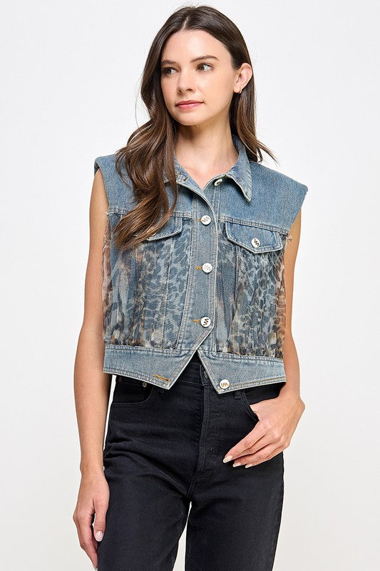 Mesh Animal Print Denim Vest