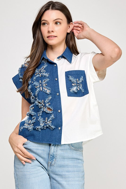 Rhinestone Details Denim Color Block Top