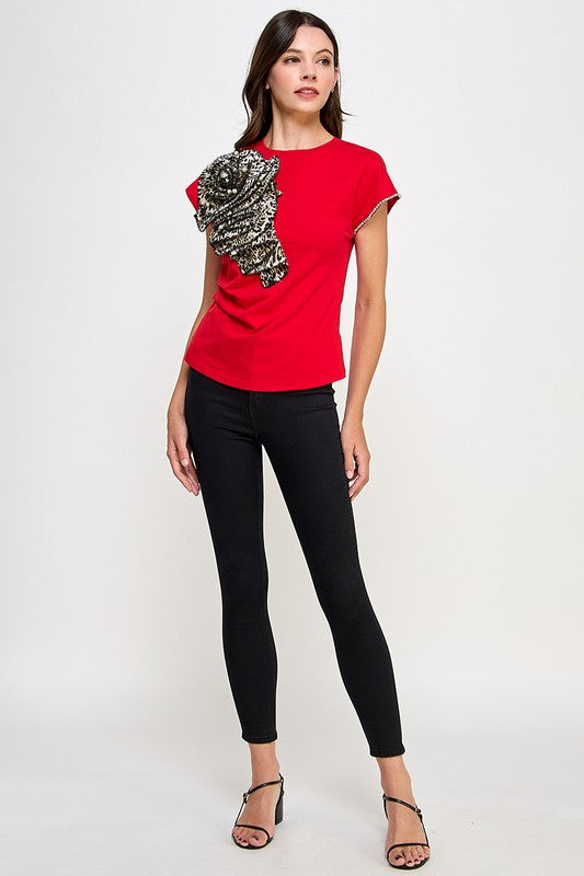 Red Flower in Animal Print Shirt