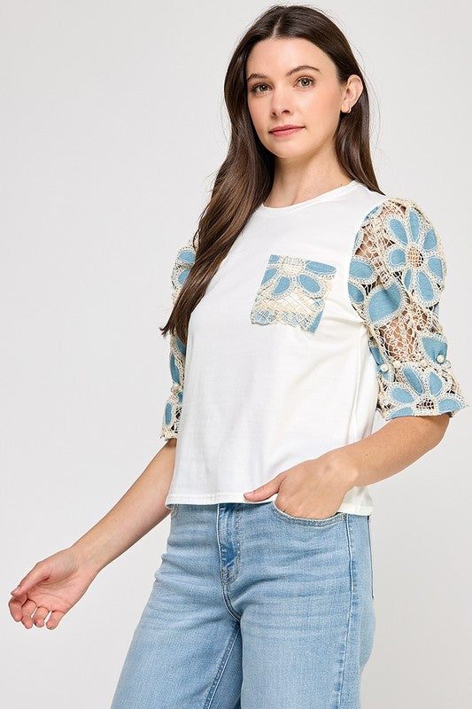 Light Blue Floral Lace Sleeve Shirt