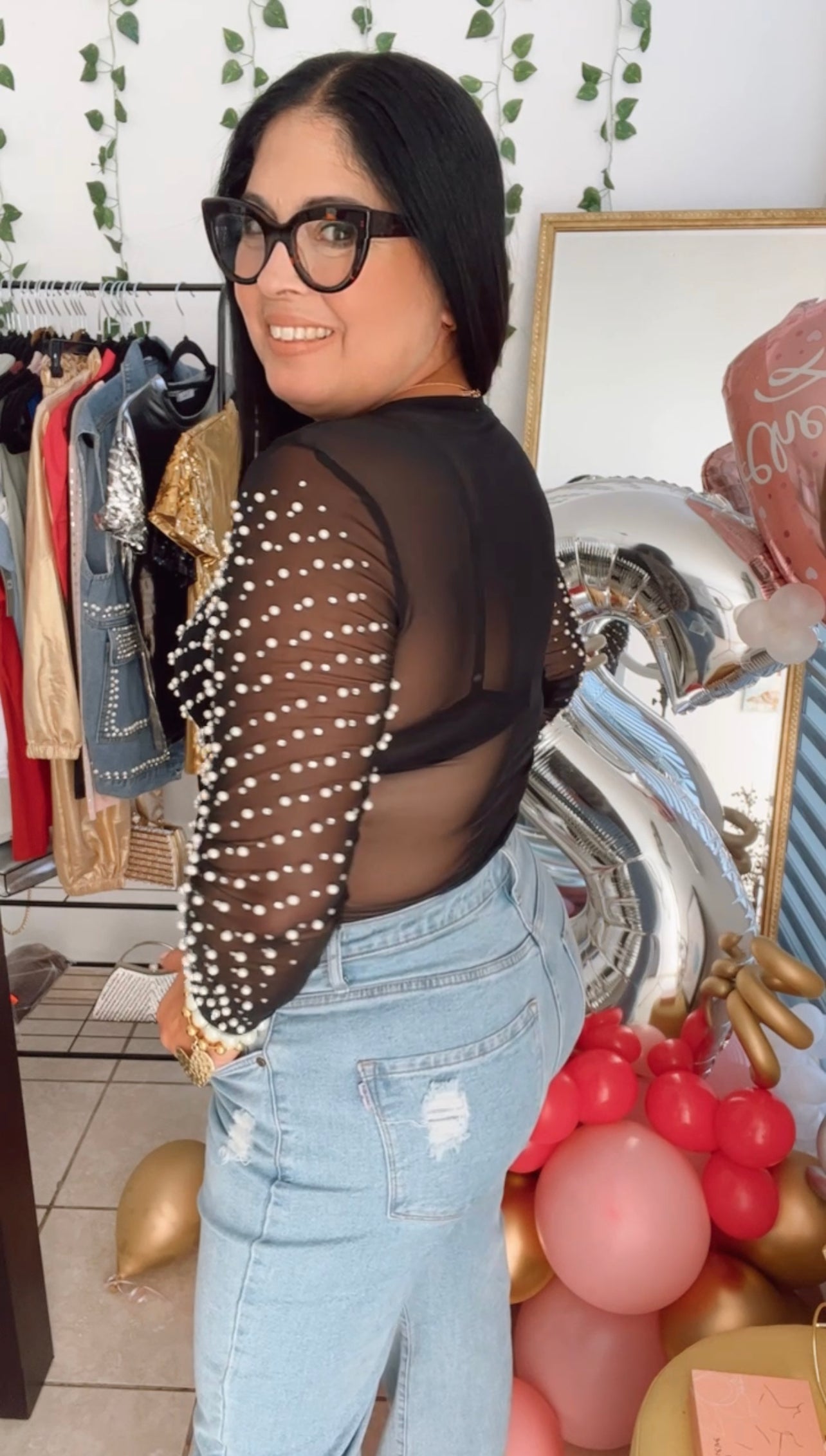 Mesh Pearls & Rhinestone Top